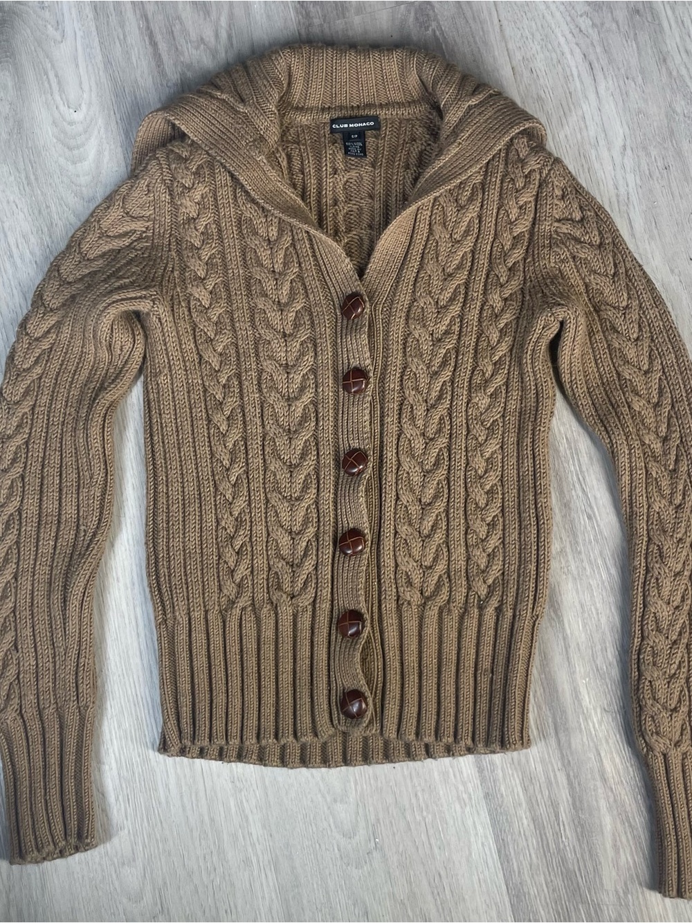 Club Monaco Cable Knit Hooded Cardigan in Tan